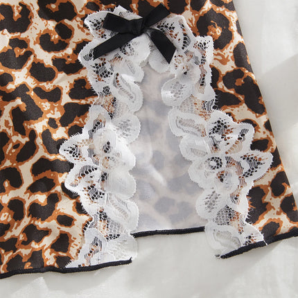 Women Lingerie Sleeveless Mini Dress Leopard Print V-Neck High Side Slit 2-Piece Set