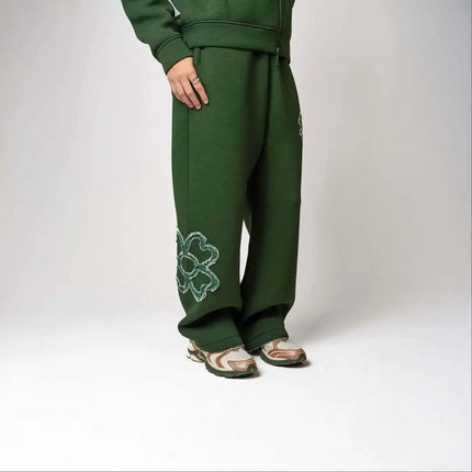 New 2026 Fashion Olive Green Embroidered Zipper Hoodie & Pants Set, Men's Street Style Fashion Loose Casual 2-Piece Sportswear