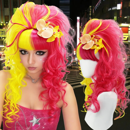 Double-Toned Yellow Pink Gradient Long Curly Synthetic Wig with Floral Hairpiece,Wavy Hairstyle for Cosplay Party Costume Event