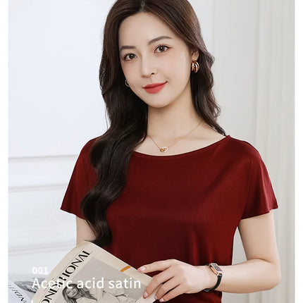 Summer women's short sleeved acetate fabric high-end knitted women's T-shirt thin European style hot selling women's T-shirt