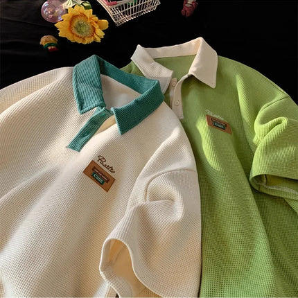 Men's Summer Style American Vintage Polo Shirt Versatile Cotton Half Sleeve T-shirt Loose Fit Casual Clothing