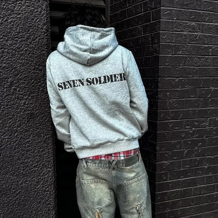 European and American Autumn and Winter Sports Hooded Pullover Retro Printing Pictures Men and Women Same Grey Loose Hoodie