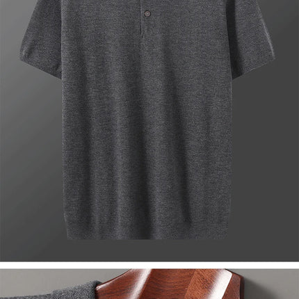 Men's T-shirt summer worsted wool sweater short-sleeved casual solid color men's clothes POLO collar knitted Tops loose Blouse