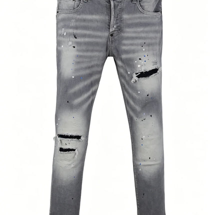 6058 Four Seasons New Men's Wash Grinding Hole Patch Paint Splash Ink Micro-bullet Leg Grey Jeans for Men