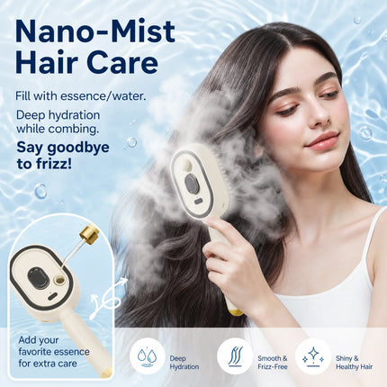 Electric Hair Spray Comb with Nano-Mist, Rechargeable Water & Essence Sprayer Brush, Soft Bristle Detangler for Women, Anti-Stat
