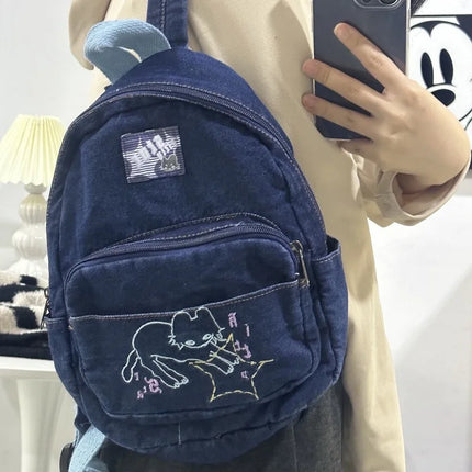 Japanese Simple Kawaii Cat Backpack Denim Handbag Shoulder Bags Small Mini Student Schoolbag Cute Women Backpack Woman Bags