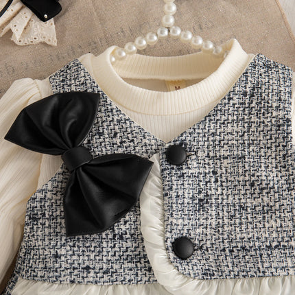 Girls Evening Party Costume Spring Autumn Korean Style Baby Girl Dress Lace Bow Design Long Sleeved Black Dress 0-2 Years