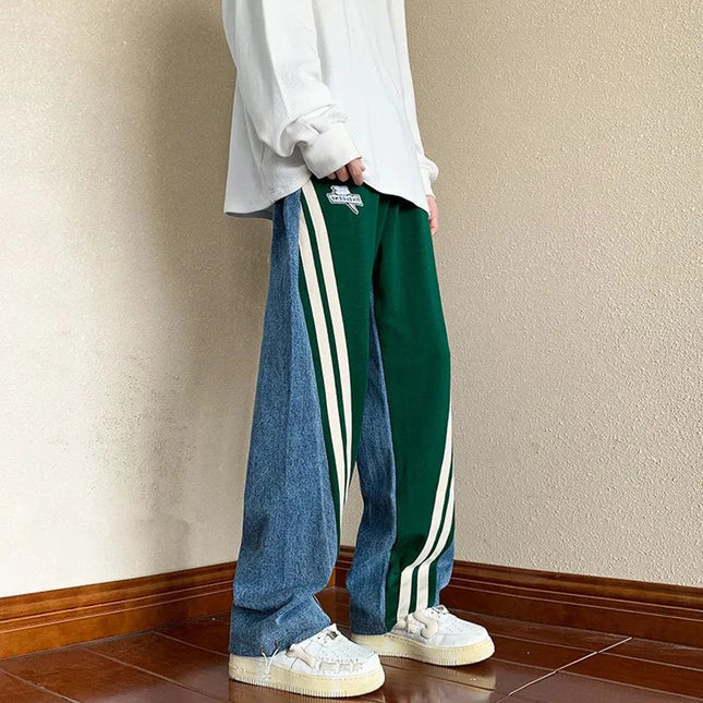 Mens Y2K Tracksuits Denim Drawstring Casual Pants Street Straight Pants Unisex Fashion Stitching Contrast Jeans Hip-Hop Trousers