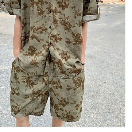 Loose Straight Leg Five-Quarter Beach Pants or Short Sleeve Printed Shirt Beach Travel Men's Fashion Floral Patterned Two-Piece Set
