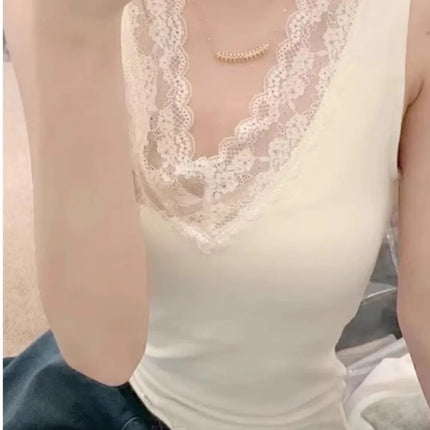 Spring Autumn Women's Slim Fit Lace Trim V-Neck Strap Vest Top Slim Inner Wear Base Layer Sweet Style Elastic Fiber