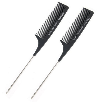 Black Rat Tail Comb Steel Pin Rat Tail Carbon Fiber Heat Resistant Teasing Combs with Stainless Steel Pintail Hair Styling Tools