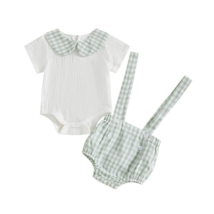Pudcoco Baby Boys Shorts Set Doll Collar Romper with Plaid Suspender Shorts Summer Outfit 0-18M