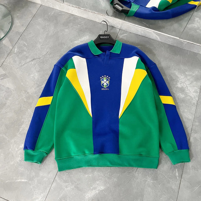 2026 New Arrival Women Y2K Retro Brazil Soccer Sweatshirt Color Block Lapel Polo Collar Oversized Sporty Top