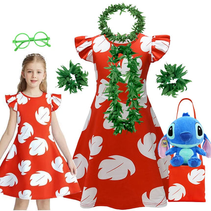 Disney Anime Lilo&Stitch Cartoon Dress for Girls Summer Hawaiian Red Leaf Print Kids Cosplay Knee Length Flying Sleeves Dresses