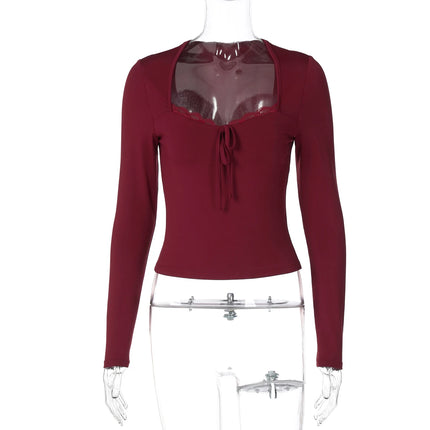 Hugcitar Elegant Long Sleeve Solid Patchwork Lace Bandage Sexy Crop T-Shirt Top Slim Fall Women Clothes Birthday Party Festival