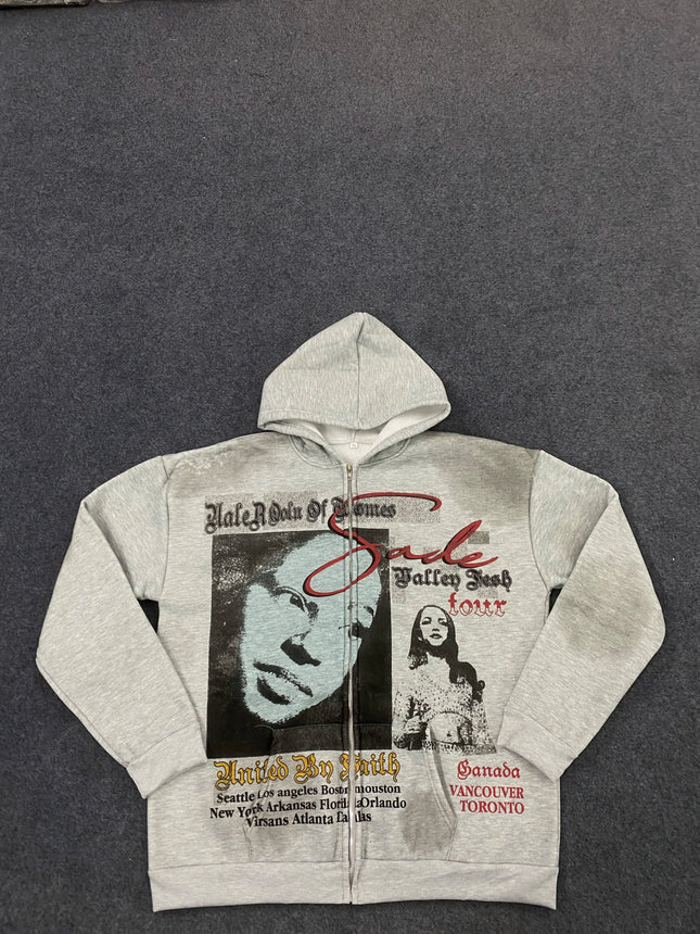 Y2K American style men's and women's zipper style hooded gray sweatshirt jacket, thick and sturdy, warm sweatshirt