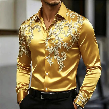 Men's Satin Paisley Printed Shirt Luxury Glossy Long Sleeve Casual Button Down Dress Shirts Nightclub Party Wear