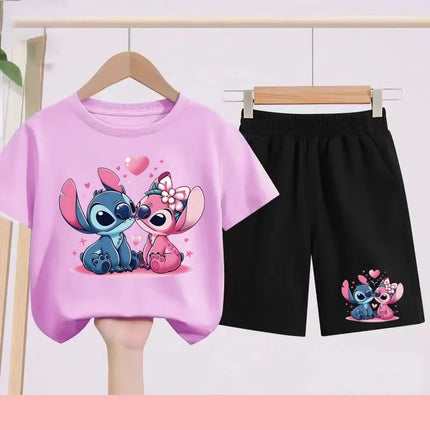 Kids Disney Stitch Print Summer Cute Breathable Tees + Shorts 2pcs 3-12 Years Boy Girls Round-neck Set Children Leisure Clothing