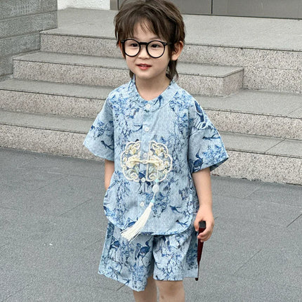 Summer Short Sleeve Two-piece Set Kids Clothes Casual Boy Outfit Baby Tang Style Fashion Children's Sets Hanfu Suit Boys Costume