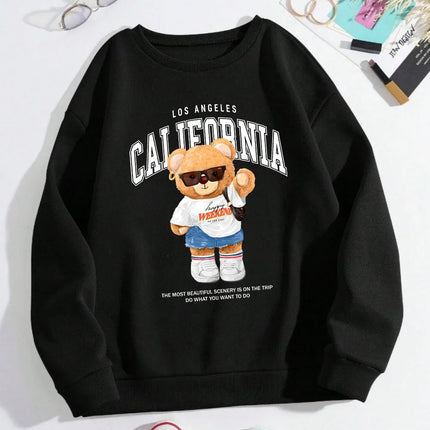 Autumn Winter Women's Pullover California Letter Trend Bear Printing Hoodie Loose Crewneck Warm Fleece Sweatshirt Streetwear