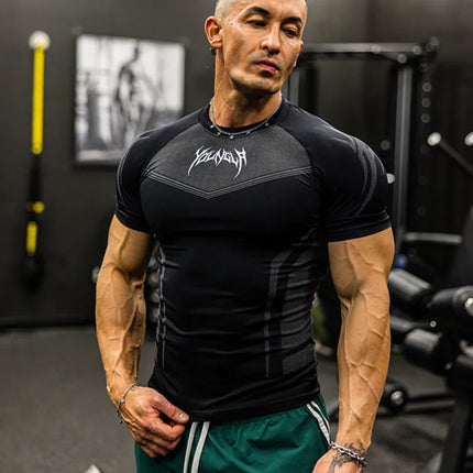 New Men Gym T-shirt High elasticity bodybuilding fitness quick dry short sleeve men's sports Casual tops trend running T-shirt