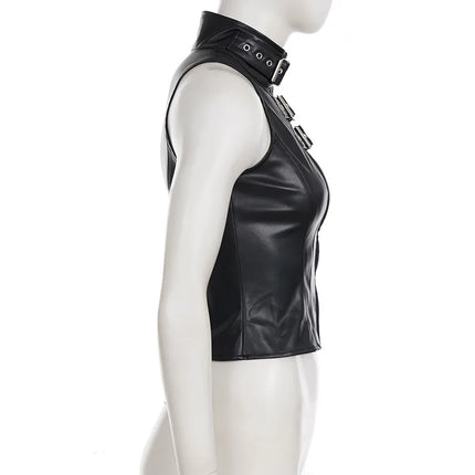 Punk Street Style Spice Girl Turtleneck Metal Buckle PU Leather Vest Slim Fit Sexy Short Sleeveless Top