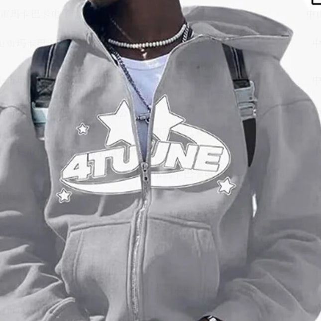 New Clothes Star Letter Print Retro Oversized Hoodie Women Y2K Street Hip-Hop Color Harajuku Casual Zipper Women Sweatshirt