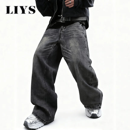 LIYS Men's Women's Retro Gray Ultra Baggy Wide-Leg Jeans Four Seasons Casual Oversized Loose Straight-Leg Denim Pants Unisex