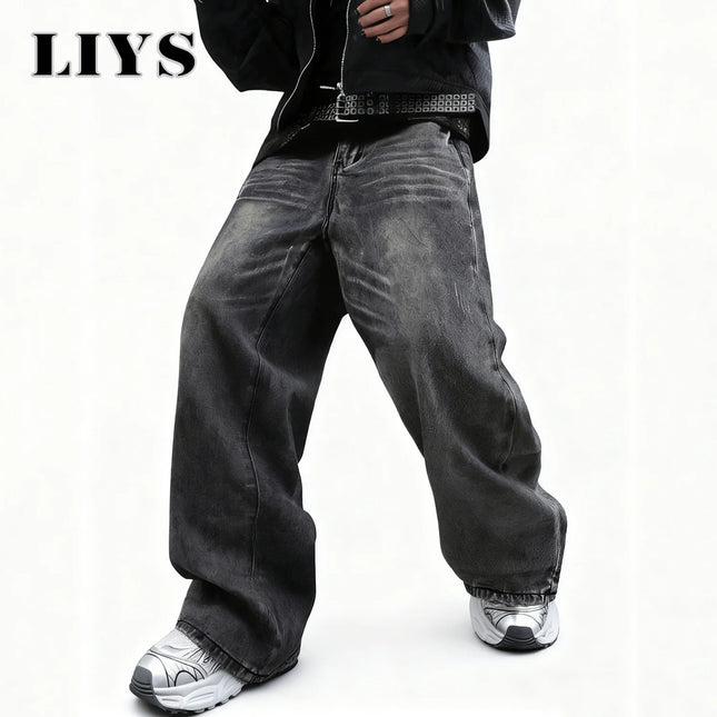 LIYS Men's Women's Retro Gray Ultra Baggy Wide-Leg Jeans Four Seasons Casual Oversized Loose Straight-Leg Denim Pants Unisex