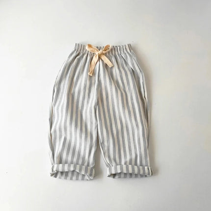 Retro Hemp Cotton Striped Boys' Pants with a Casual and High-end Design Elastic Waist Girls' Clothing Children's Pants