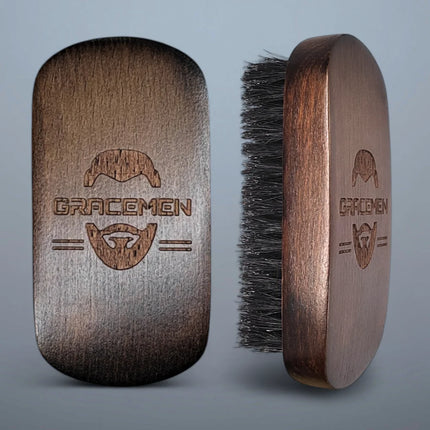 Gracemen Premium Dark Retro Beard Brush Oval Facial Brush for Men - 100 % Boar Bristle and Old-Styled Wooden Handle Hair Comb