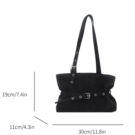 Minimalist Solid Color Tote Bag PU Belt Buckle Detail Lightweight Suede Zipper Large Spacious Shoulder Bag for Travel Commute