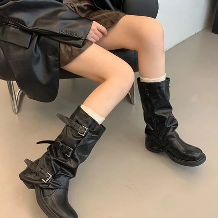 Autumn Winter Vintage Woman Knight Knee High Boots Shoes Ladies Elegant Thick Low Heel Belt Buckle Western Cowboy Botas