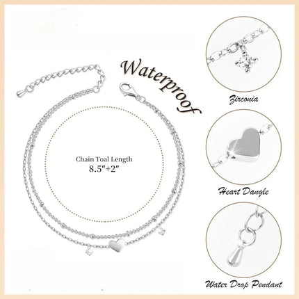 Dainty Layered Silver Anklet with Heart Charm - Elegant CZ Bracelet for Women, Waterproof & Trendy Gift