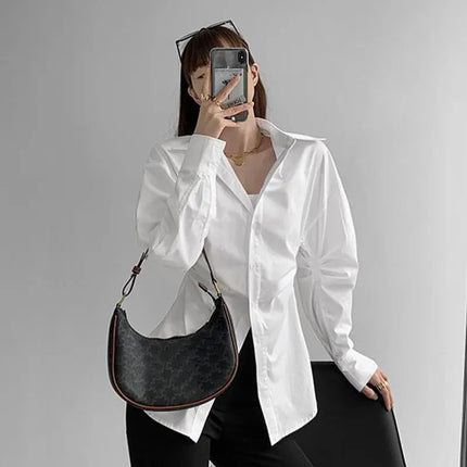 JOEVILU White Shirt Women’s Waist-defining Blouse Slim Fit Long Sleeve Tops Figure-hugging Office Shirts Korean Style Clothes