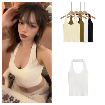 ETJ 2025 New Product: Women's Sexy Hot Girls Outfit - Halter Neck, Stretchy, Slim Fit, Backless, Versatile, Solid Color Top