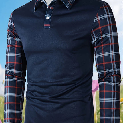 Men's Casual Color Blocked Shirt Long Sleeved Polo Shirt Lapel Pullover Checkered T-Shirt Simple Retro Men's Clothing