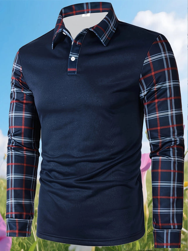Men's Casual Color Blocked Shirt Long Sleeved Polo Shirt Lapel Pullover Checkered T-Shirt Simple Retro Men's Clothing