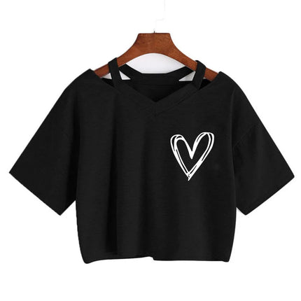 Women's Sexy Crop Tops with Heart Print Short Sleeve Cropped T Shirt Drawstring Graphic T-shirt Fashion T-shirt Clothes