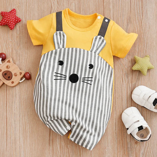 Newborn Baby Clothes Unisex Standing Ear Mouse Pattern Summer Cotton Short Sleeve Romper Infant Toddler Pajamas One Piece Outfit