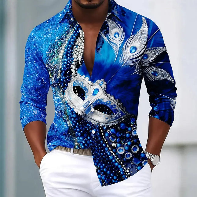 Mardi Gras Men's Carnival Beads Mask with Feathers Shirt Long Sleeve Fashion Casual Party Holiday 3D Print Button Up Shirts