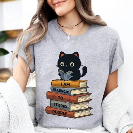 Cat Reading Design T-shirt, Women's and Girls' Sizes, A Perfect Gift for Book Lovers and Cat Owners - A Summer Book-themed T-shirt