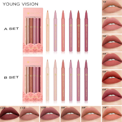 YOUNG VISION matte 6-color liquid lipliner set sponge gourd head fog face nude lipstick pen