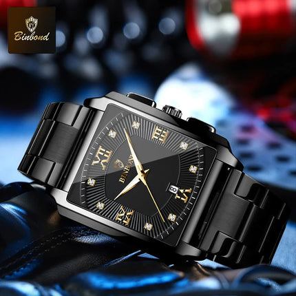 BINBOND Luxury Quartz Watch for Men Golden Square Large Dial 30M Waterproof Leather Strap Wrist Watches Date Display Men's Watch
