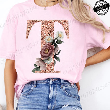 T Shirt for Women Clothing Summer Short Sleeve Tee shirts Rose Gold Letter A~Z Printed Graphic Tops Female T-Shirts Clothing