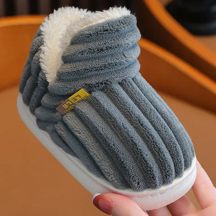 New Winter Concise Stripe Plush Slippers Children's Non-slip Soft Sole Kids Boys Girls Heel Wrap Warm High Home Cotton Shoes