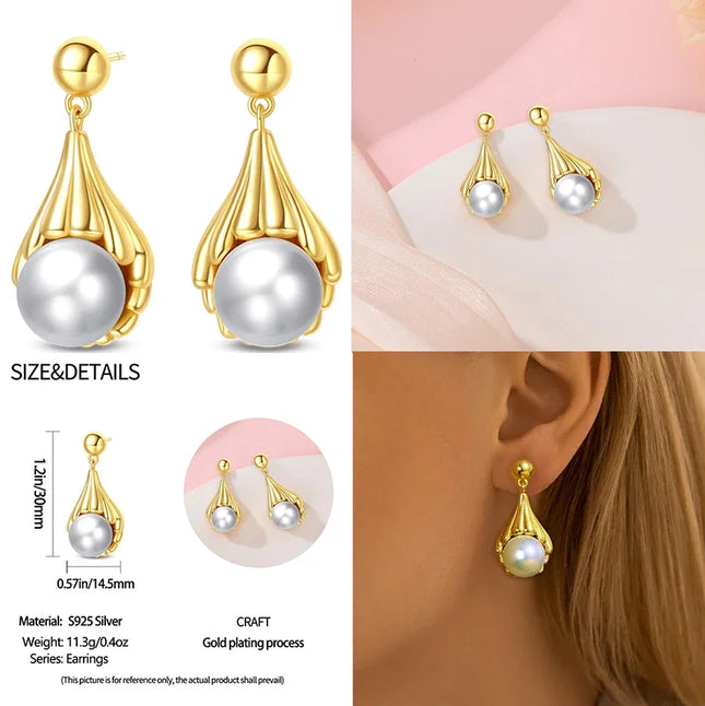 925 Sterling Silver Gold Pearl Hoop Earrings Pave Large Circular Shape Earring Gift for Women Jewelry Anniversary Wedding