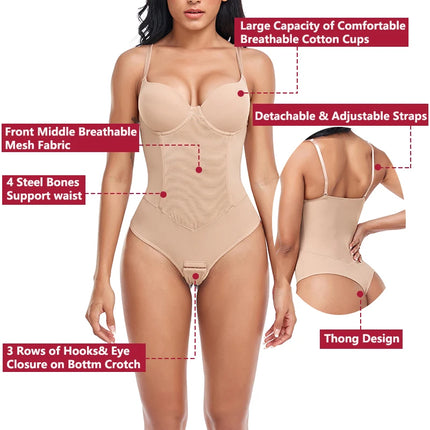 Thongs Bodysuit Shapewear Women Full Body Shaper Waist Trainer Steel Bones Tummy Control Underwear Flat Belly Underbust Corset