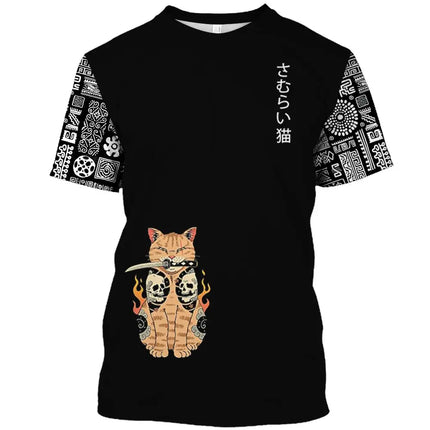 Japanese Samurai Cat Print T Shirt For Men Casual Simplicity O-neck Short Sleeve Fashion Trend Harajuku Streetwear Oversized Top