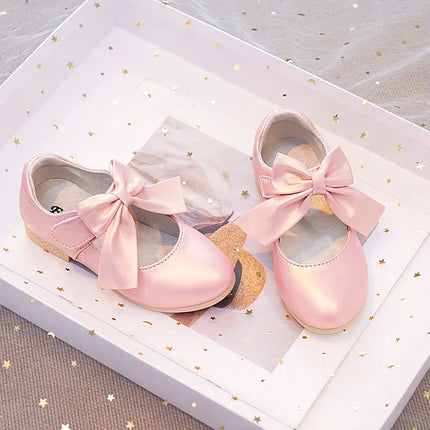 Girls Leather Shoes with Big Bow-knot Princess Sweet Classic Fashion Children Party Shoes White for Wedding Soft Anti-slippery